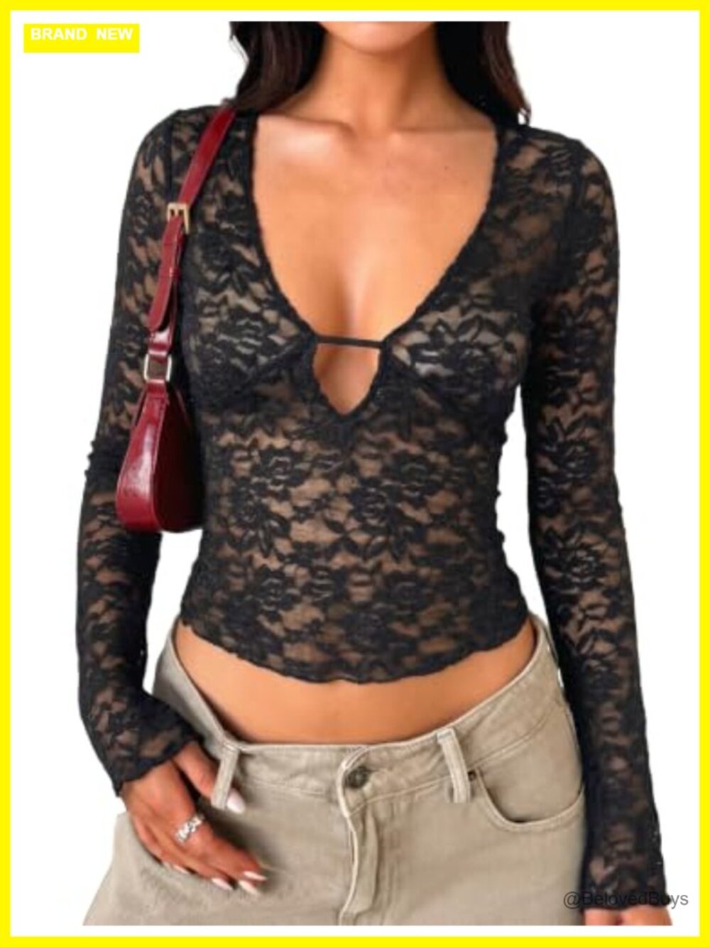 Womens Lace Long Sleeve Mesh Crop Top Y2K Going Out Sexy Blouse